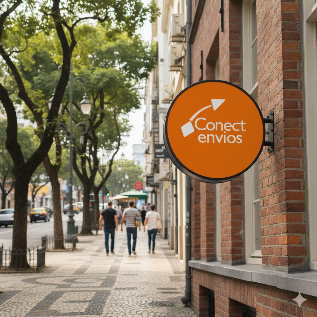 Placa Conectenvios em rua comercial convidando novos pontos de coleta